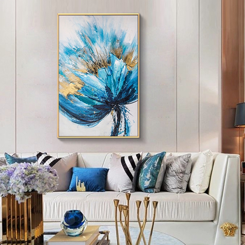 現(xiàn)代簡約客廳裝飾畫 臥室原創(chuàng)手繪畫 走廊過道環(huán)保PS框掛畫 藍花