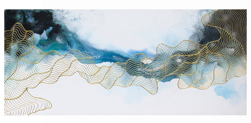 新中式客廳裝飾畫 餐廳原創(chuàng)純手繪金線畫 臥室環(huán)保PS框掛畫 藍(lán)色水韻