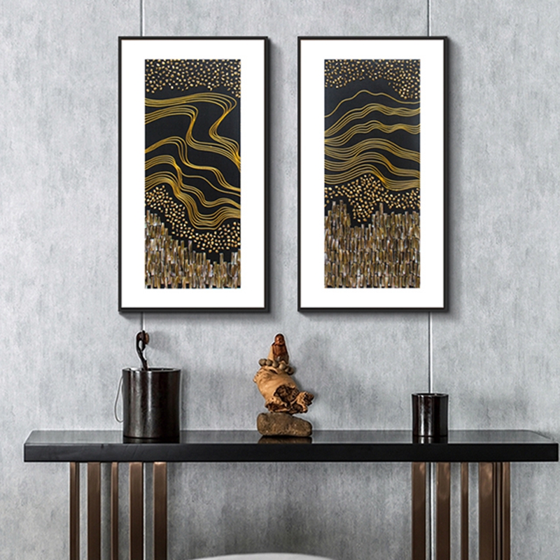 新中式客廳裝飾畫(huà) 餐廳原創(chuàng)純手繪線條貝殼畫(huà) 玄關(guān)鋁合金框?qū)嵨锂?huà)