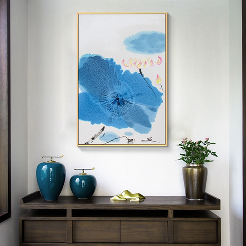 新中式客廳裝飾畫 臥室原創(chuàng)純手繪禪意圖 玄關(guān)鋁合金框掛畫 荷葉2