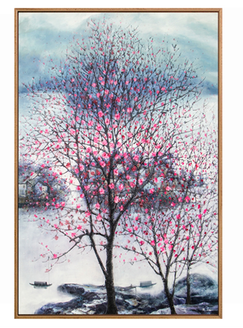 新中式客廳裝飾畫 書房原創(chuàng)純手繪梅花圖 臥室環(huán)保PS框掛畫 桃花