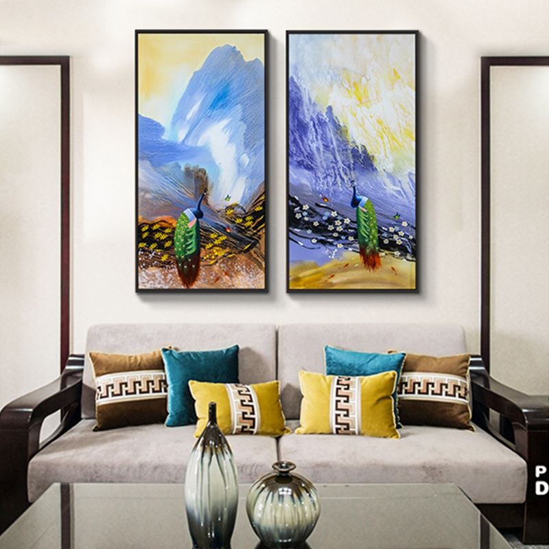 新中式客廳裝飾畫 臥室原創(chuàng)純手繪禪意孔雀圖 餐廳環(huán)保PS框掛畫 孔雀