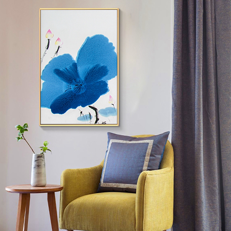 新中式客廳裝飾畫(huà) 臥室原創(chuàng)純手繪禪意圖 玄關(guān)鋁合金框掛畫(huà) 荷葉3